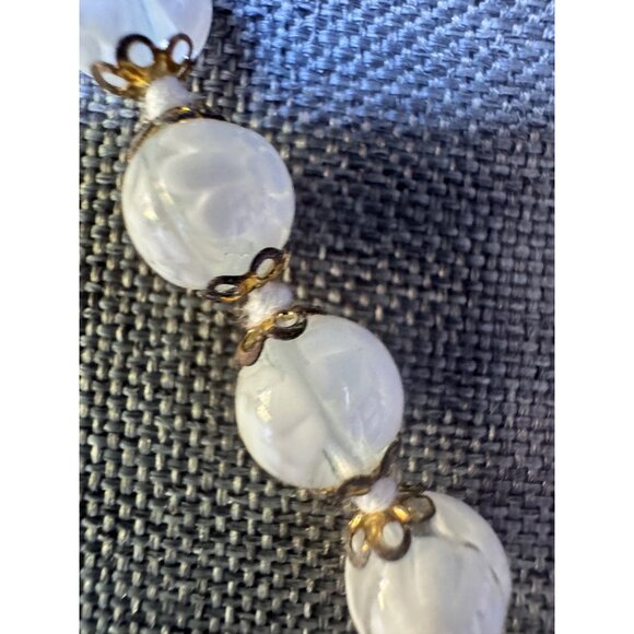Vintage White Marbled Glass Bead Necklace With Brass Accents & Lobster Clasp - Picture 3 of 6